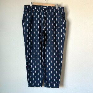 J Crew Women Linen Cotton Pants Sz 14 Beach Vacation Travel Drawstring Navy Ikat